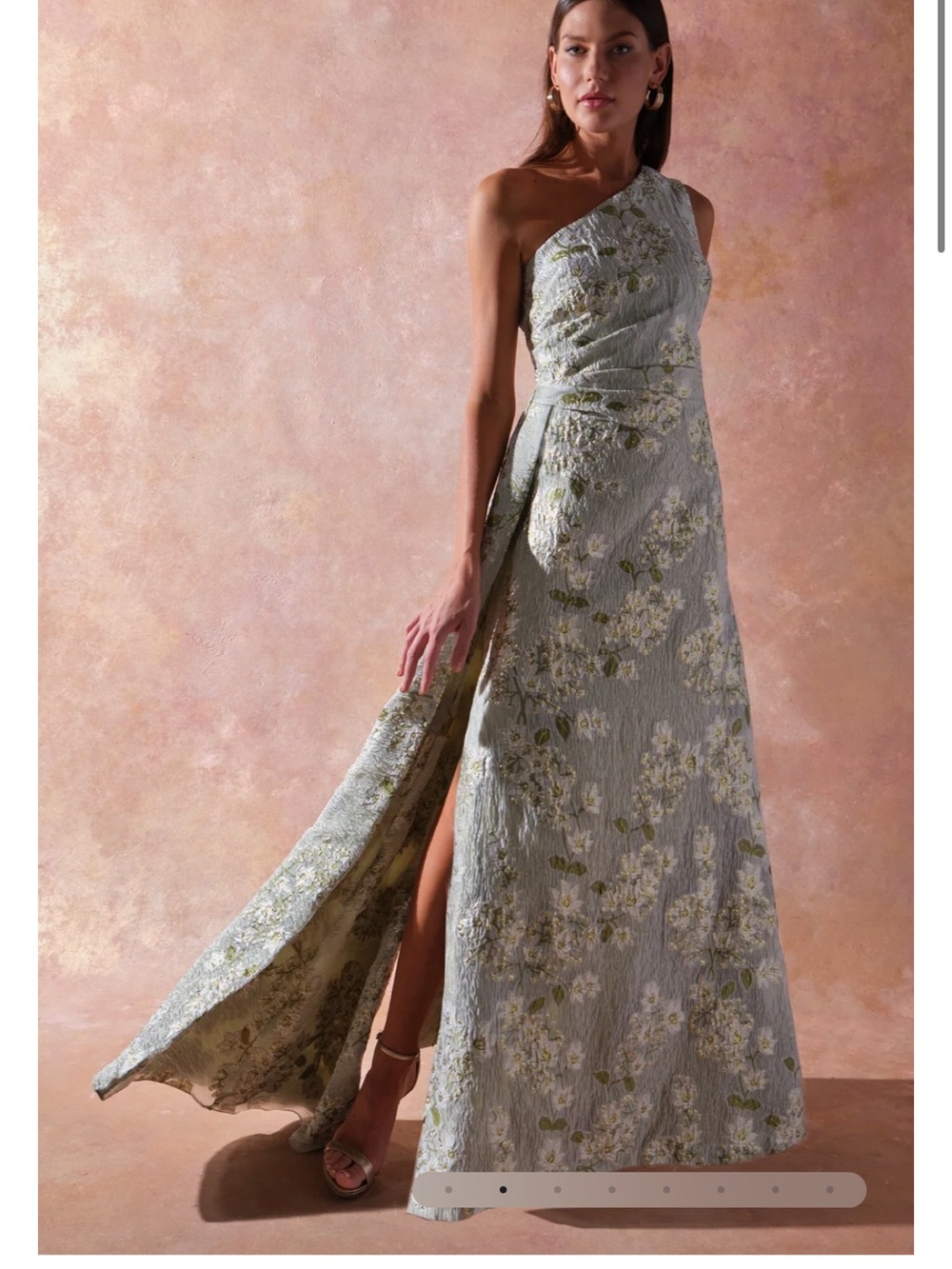 JS Collections One-Shoulder Floral Jacquard Gown in Sage and Gold